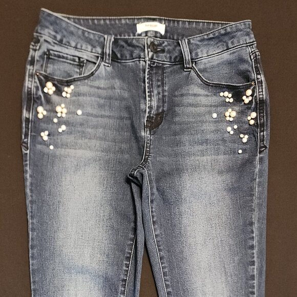 Kensie Blue Jeans Size 6/28 Skinny Ankle Faux Pearl & Rhinestone Design - Picture 2 of 16